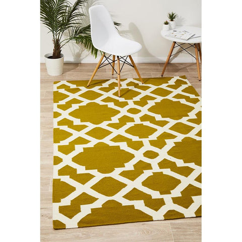 Flat Weave Trellis Design Gold White Rug